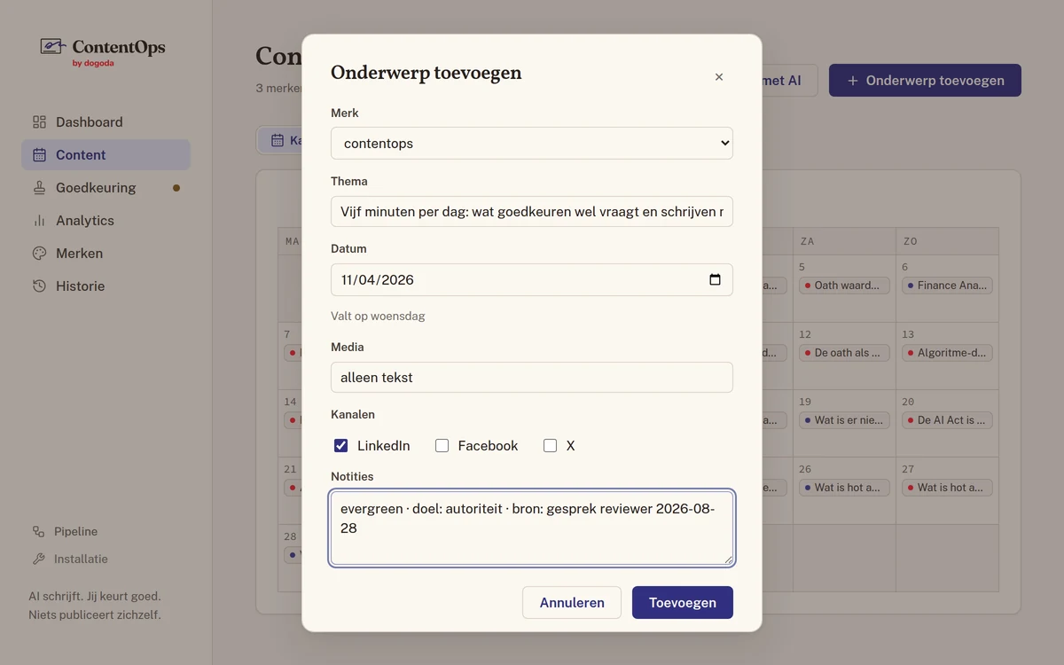 The Add topic form over the calendar: brand, theme, date, media, channels and notes, with the Add button.