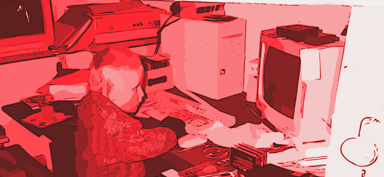 Björn, 1997, six years old at the computer, red duotone